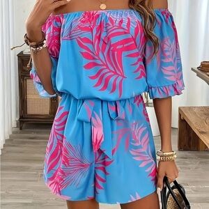 Tropical Blue and Pink Off-Shoulder Romper